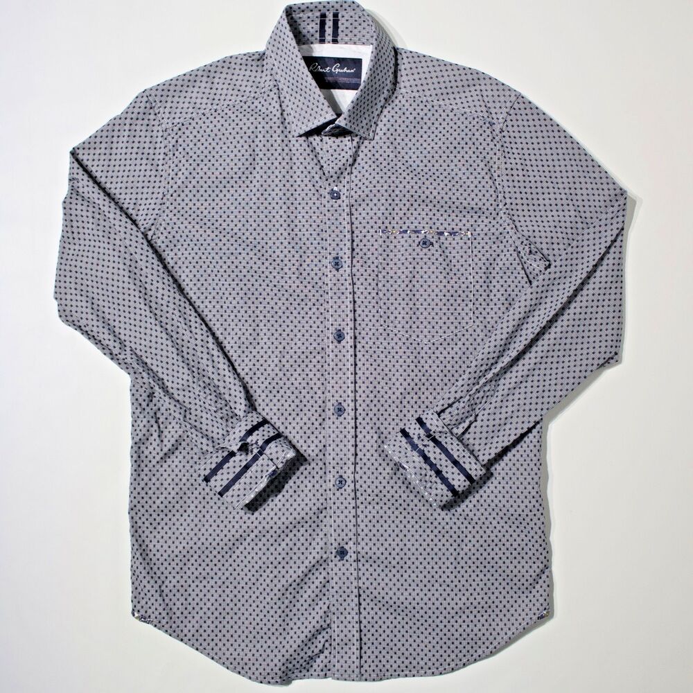 Robert Graham Tailored Fit Long Sleeve Shirt Navy Blue Gray Polka Dot Men Size S